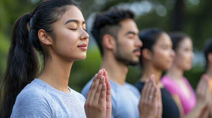 Obraz premium Mindful individuals practicing meditation outdoors, focusing on inner peace and connection
