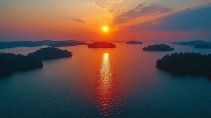 Fototapeta premium Sunset over lake islands, aerial view, calm water, orange sky, nature scene