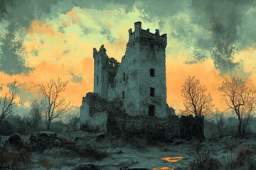 Fototapeta premium Ruins of an ancient castle under a dramatic sunset sky in a remote landscape with barren trees