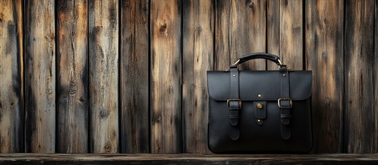 Elegant black leather briefcase positioned on rustic wooden shelf against a textured wooden wall creating a professional and timeless atmosphere