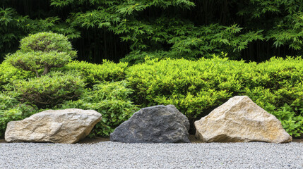 Serene Japanese garden featuring three distinct rocks surrounded by lush greenery