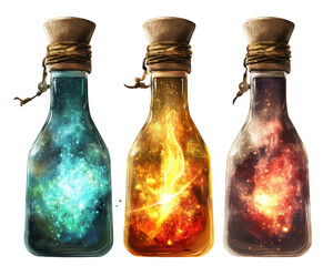 Magical potion bottles with glowing liquid, showcasing vibrant colors and cosmic elements. Each bottle contains unique, enchanting essence that sparks curiosity and wonder