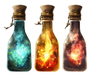 Magical potion bottles with glowing liquid, showcasing vibrant colors and cosmic elements. Each bottle contains unique, enchanting essence that sparks curiosity and wonder
