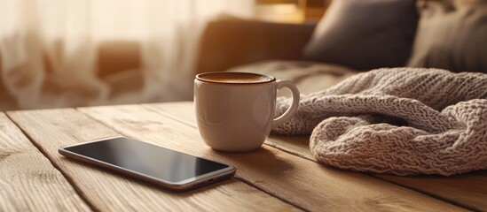 Cozy coffee cup with dark beverage beside a smartphone on a warm wooden table complemented by a soft white scarf in a sunlit setting.