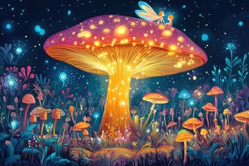 Enchanted fairy garden scene with glowing mushrooms and fairies