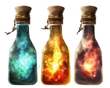 Magical potion bottles with glowing liquid, showcasing vibrant colors and cosmic elements. Each bottle contains unique, enchanting essence that sparks curiosity and wonder