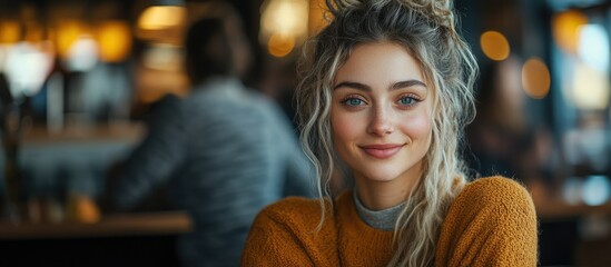Young woman smiling in a cozy cafe with warm lighting during an evening gathering
