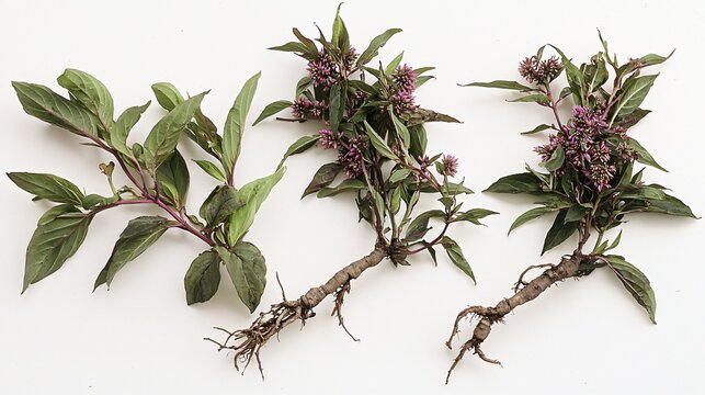 paniculata roots, leaves, and flowers separated and displayed individually on a white background, emphasizing each part's unique characteristics. Andrographis paniculata, plant, flower, leaves, 