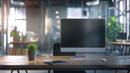 Modern Office Workspace: Desk with Computer, Minimalist Design, and Natural Light