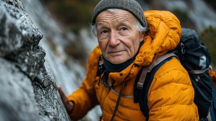 Experienced climber ascends rocky terrain in a mountain landscape during early morning light