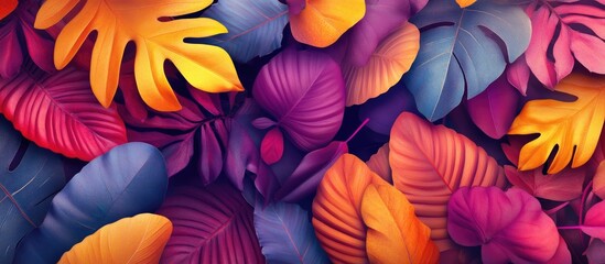 Vibrant autumn leaves background in shades of orange, purple, and blue featuring diverse textures and shapes creating a lively design