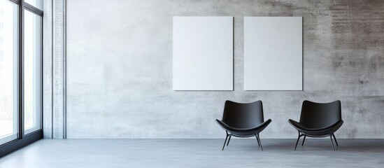 Minimalist room with two blank white poster frames on concrete wall, black chairs positioned side by side, bright natural light from large windows.