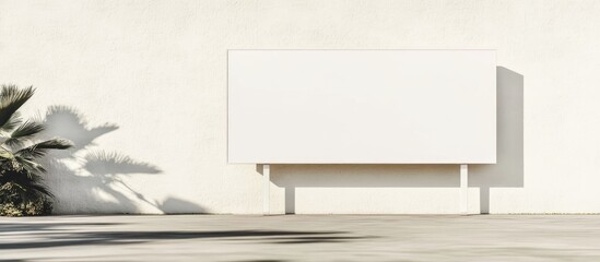 Vacant white billboard against a light wall casting a shadow with minimalistic design ideal for advertising space showcasing customizable text options