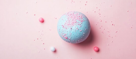 Aerial view of a textured blue and pink ball on a soft pink background with pastel candy dots positioned around for a summer vibe