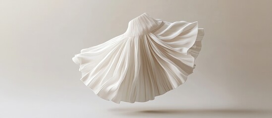 Elegant flowing white fabric sculpture with intricate pleats against a smooth beige background, conveying grace and sophistication in motion.