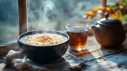 A cozy breakfast scene featuring a steaming bowl of Bubur Ketan Hitam, served with a cup of herbal tea, placed by a window with morning sunlight streaming in, rustic aesthetics, soft-focus background,