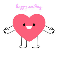 Hand drawn cartoon happy smiling heart character with lettering. Symbol for holiday, friendship, and relationship themes. Isolated vector illustration