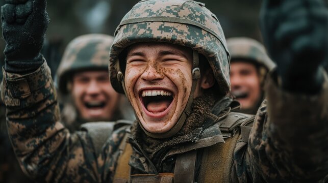 Soldiers celebrate victory with joy after completing their military training in a forest setting during the day