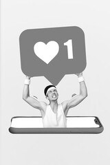 Creative photo 3d collage artwork poster postcard of sporty muscular man raise big heavy like notification isolated on painting background