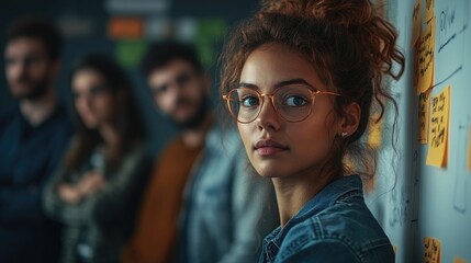Young woman with glasses engaged in discussion in a team meeting room with colleagues in the background