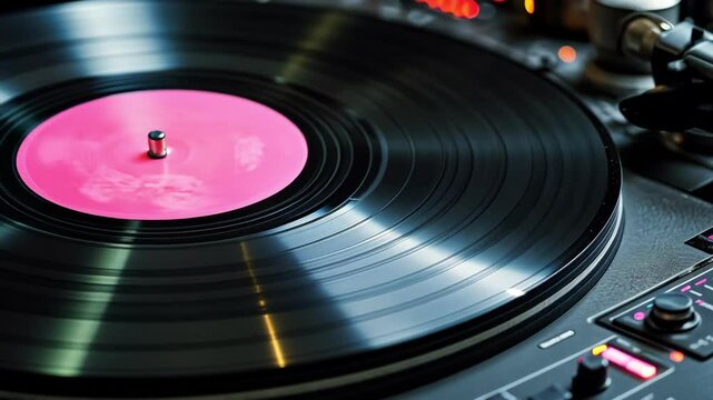 Vinyl record spinning on turntable creating vibrant sound