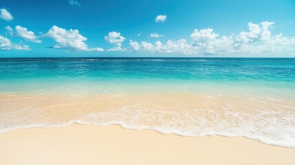 Obraz premium Sandy Beachscape with Crystal-Clear Waters and Azure Skies: Tropical Paradise for Relaxation and Escape with Sun-Drenched Warmth
