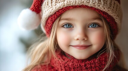 cute little girl in santa claus hat on red background
