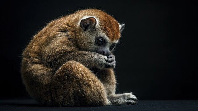 A pensive primate: A captivating portrait of a  red titi monkey, showcasing its unique fur and expressive features against a stark black background.