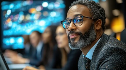 Fototapeta premium Business professional with glasses engaged in teamwork at an office during a busy day
