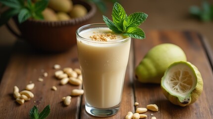 Refreshing chilled baobab juice served with a garnish and nearby fruits