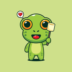 Cute frog eating marshmallow cartoon vector illustration