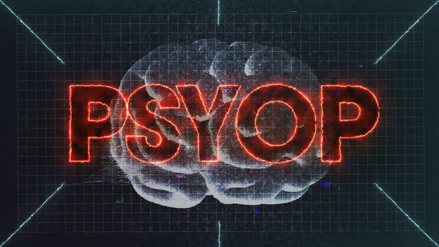 PSYOP text animation. Psychological operations, information warfare, propaganda, misinformation, disinformation, manipulation, military intelligence, AI. Title card.