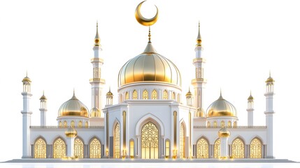 Obraz premium A breathtaking 3D-rendered modern mosque in gold and white, blending minimalism with Islamic elegance. Ideal for Ramadan and Eid Mubarak cards, wallpapers, and social media celebration posts.