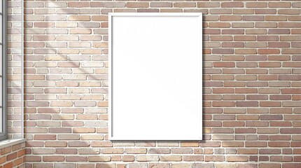 Blank White Frame on Brick Wall Next to Window in Natural Sunlight, generator AI