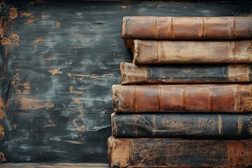 Vintage leather bound books stacked against a worn blackboard background in a cozy study setting