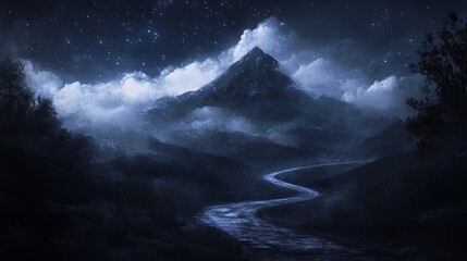 Fototapeta premium Mystical Night Landscape: Winding Road to Starlit Mountain Peak