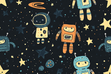 Children's pattern with little robots and stars in space style on a dark background, textures, patterns