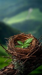 Empty Bird Nest Featuring Green Leaves Serene Landscape Nature Photography Peaceful Setting Close-Up Symbol of Hope