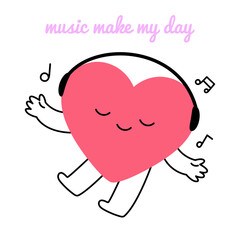 Doodle cartoon heart character listening to music in calm mood with lettering. Cute baby with headphones enjoying sound and melody. Self care, leisure, relaxation concept. Flat vector isolated icon
