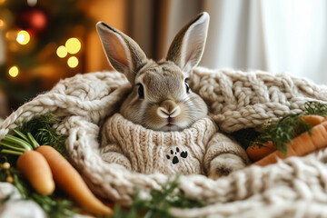 A rabbit wearing a knitted sweater with a paw print, sitting on a wool blanket, surrounded by carrots and festive accessories, rustic and warm tones. Pet Day.