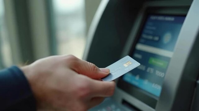 the hand of a person inserting a bank card into an ATM.