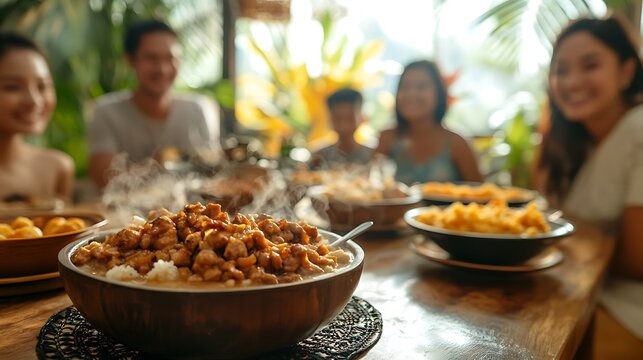 A Filipino family gathering for merienda, bowls of steaming Champorado served on a long wooden dining table, laughter and warmth in the air, soft-focus background of a festive home,