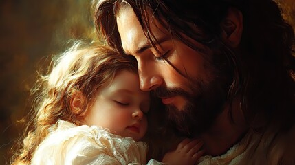 digital painting of jesus christ with baby girl in his arms digital illustration