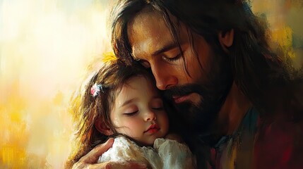 digital painting of jesus christ with baby girl in his arms digital illustration