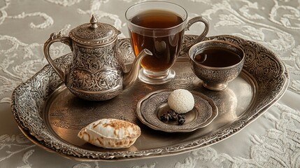Fototapeta premium Black Turkish Tea Served in a Classic Turkish Tea Cup and Saucer Photo, Cengelkoy Uskudar, Turkiye (Turkey)