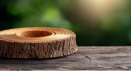Rustic Wooden Tree Stump Slice Display in Natural Setting Still Life Photography Outdoor Environment Close-Up View for Home Decor