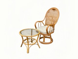 The white background in the picture is a table and one brown rattan chair. There is a round table...