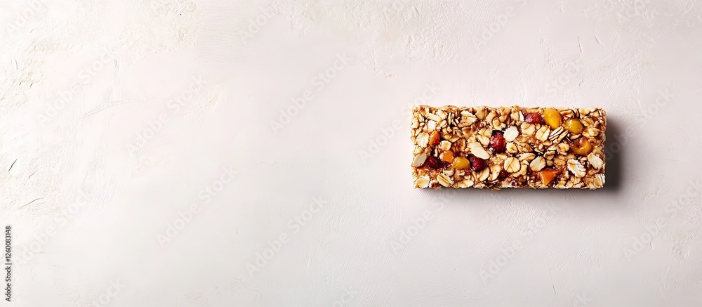Aufkleber granola bar topped with nuts and dried fruit detailed on a light gray stone table with ample copy sp