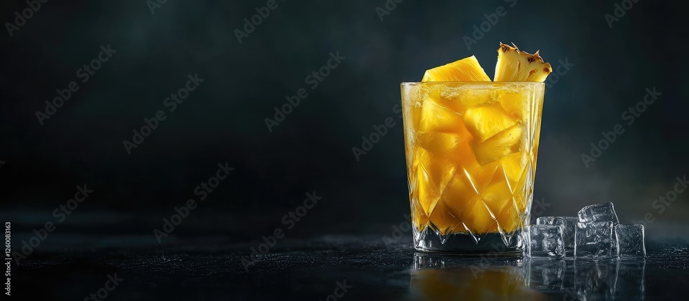 Aufkleber refreshing chilled pineapple lemonade in a glass with ice cubes on a dark surface with a moody backg