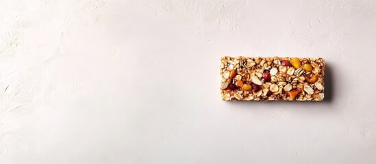 Granola bar topped with nuts and dried fruit detailed on a light gray stone table with ample copy space on the left for text or branding